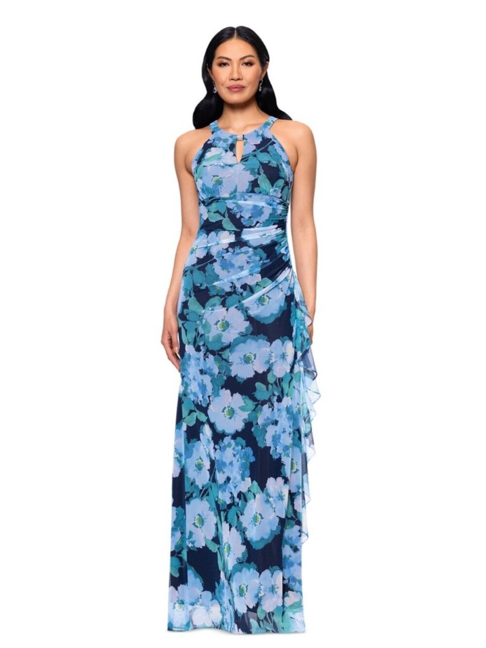 Betsy & Adam Floral Print Sleeveless Maxi Dress In Blue